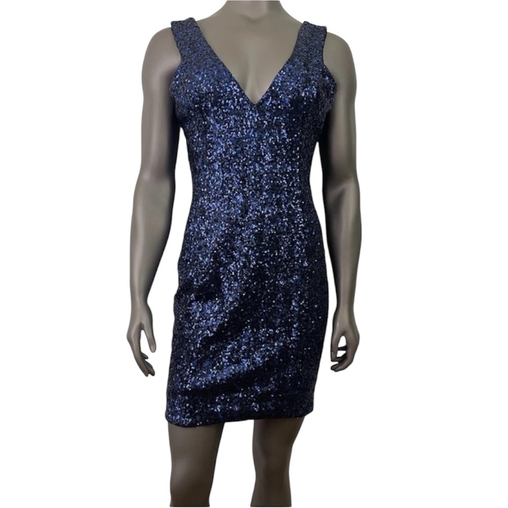 Dress the Population Dress Womens L Blue Sequin Mini Plunge Neckline Sleeveless